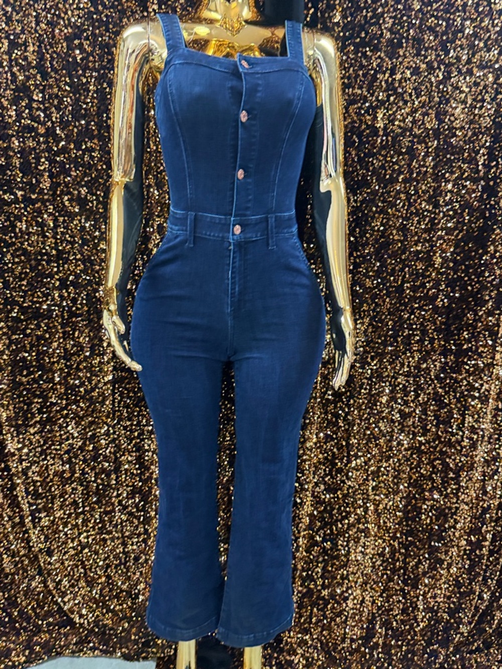 G by Guess Dark Blue Denim Button-Front Bootcut Jumpsuit